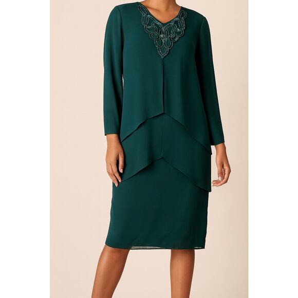 After Dark Dresses & Skirts - Vintage Women’s After Dark Emerald Green Beaded Tiered Long Sleeve Dress Size 6